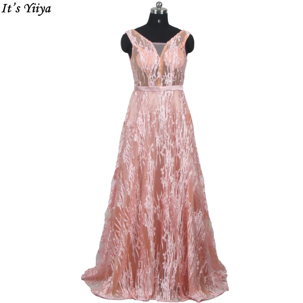 

It's Yiiya Real Photo Evening Dresses Orange Embroidery Tulle V-neck Sleeveless Floor Length Plus size Women Party Dress C1426