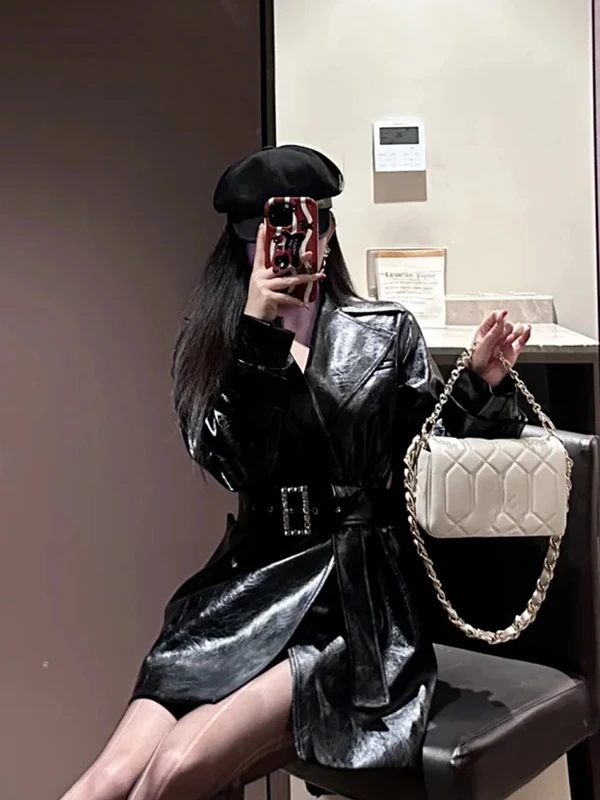 Casaco de couro de luxo eficaz para emagrecimento com cinto e diamante bule comprimento médio com entrescamento na cintura corta-vento