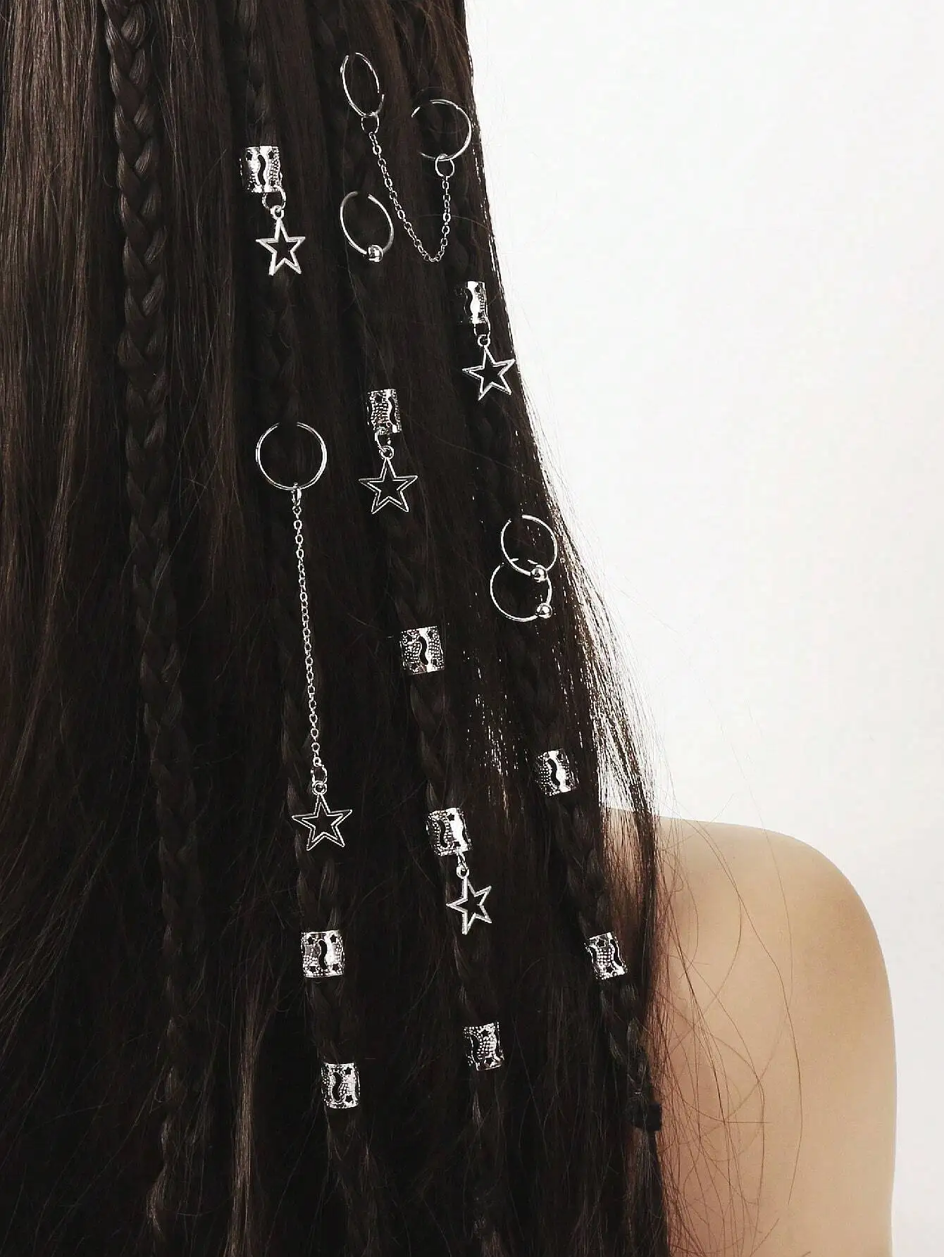 

30pcs Y2K Star Tassel Dreadlock Beads, Silver Metal Hair Rings & Braid Cuffs, Punk Style Hair Charms,Summer Accessories For Women And Girls