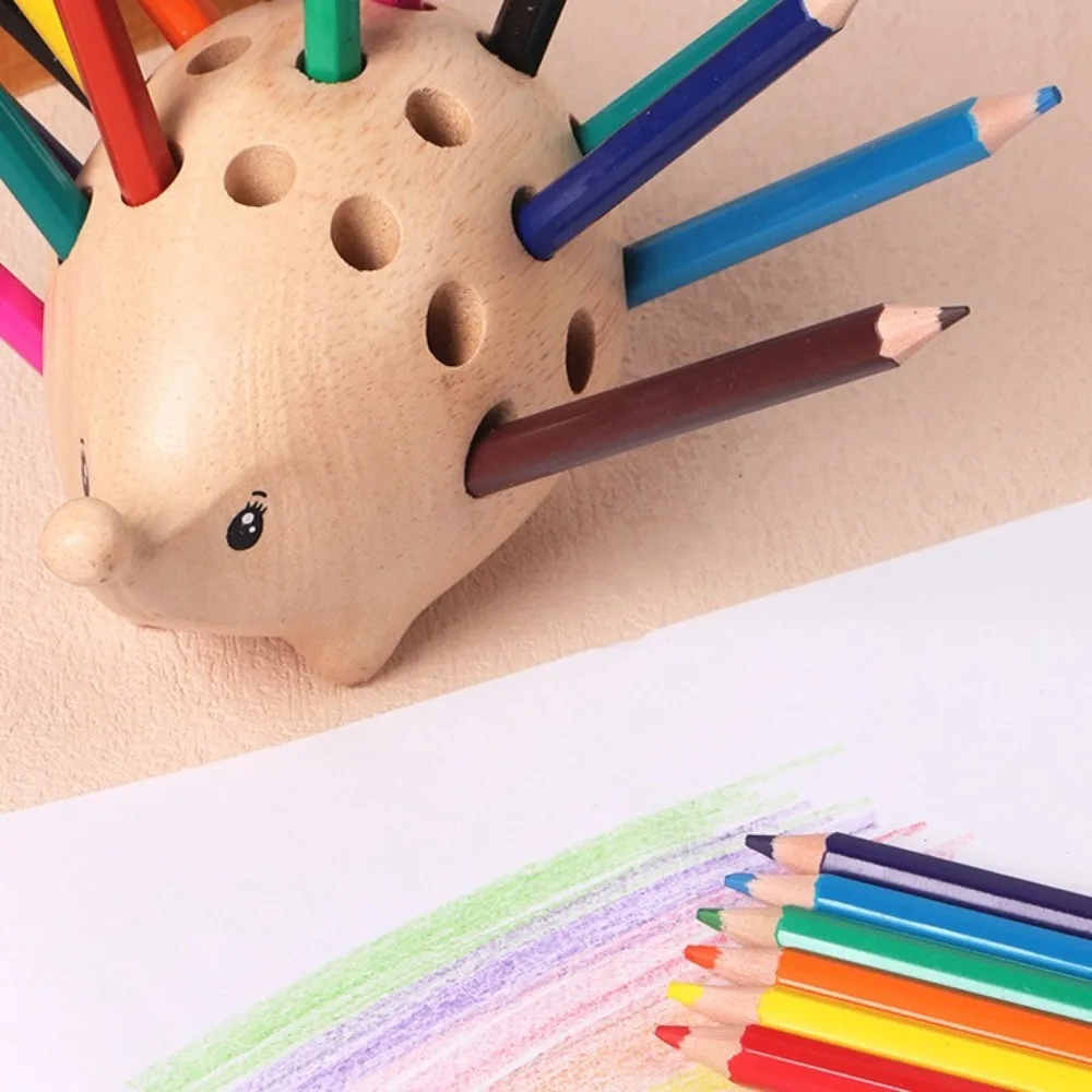 Creative Hedgehog Pen Holder Wooden Art 21 Holes Pencil Stand Set with 24pcs Colored Pencils Gift Pen Container For Children
