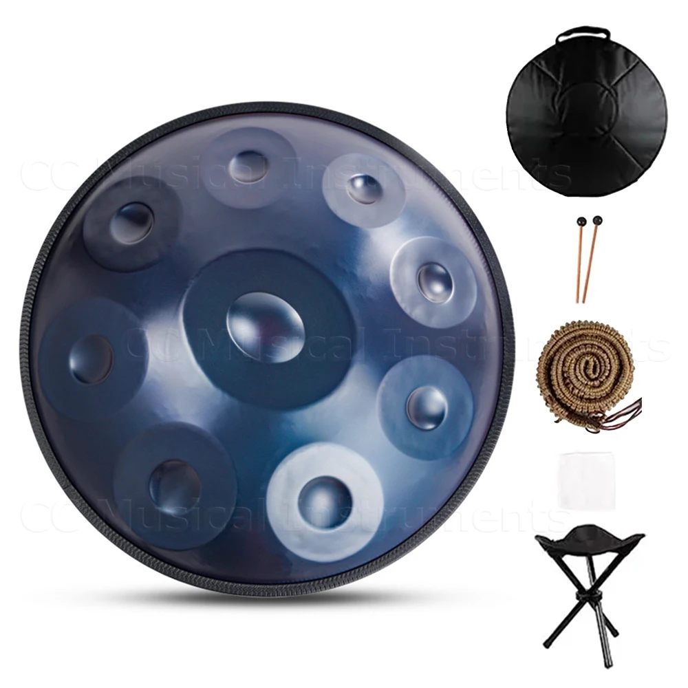 Handpan Drum in D Minor Kurd 9 10 12 14 Notes 440Hz 432Hz 22 Inches Steel Hand Drum with Edge Woven Rattan knapsack Professional