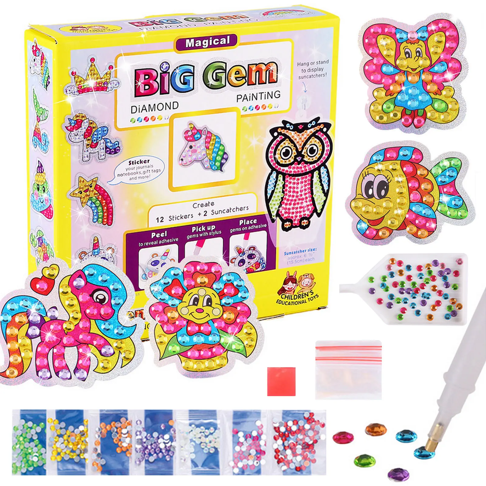 Gem Diamond Painting Kit for Kids Including 12 Stickers and 2 Window Ornaments DIY Paint Arts and Crafts for Kids and Beginner