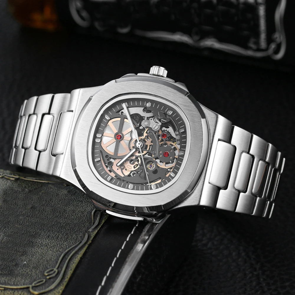 Высокое качество авто механические часы скелет бизнес из нержавеющей стали тонкие наручные часы светящиеся водонепроницаемые модные часы