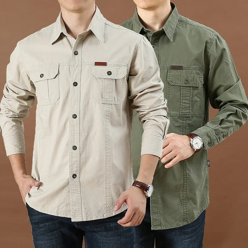 Camisas de manga comprida extragrandes masculinas, Negócios formais, Carga, Casual, Magra, Bolso, Monocromática, Moda masculina, Roupas de marca