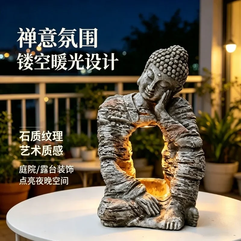 Zen Buddha statue sculpture solar light resin ornament balcony garden terrace home tea room outdoor courtyard decoration