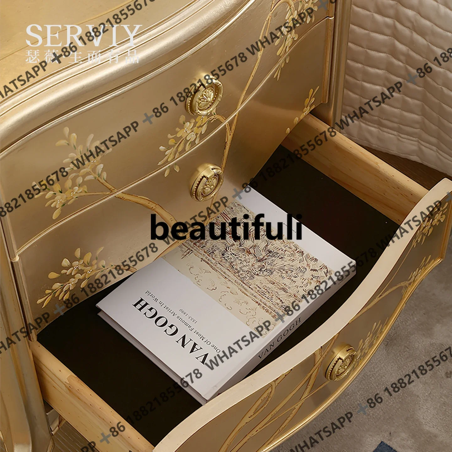 フランスのライトラグジュアリー無垢材彫刻フラワーベッドサイドテーブルヨーロッパの手描きマスターベッドルームベッドサイドテーブル付きSE1