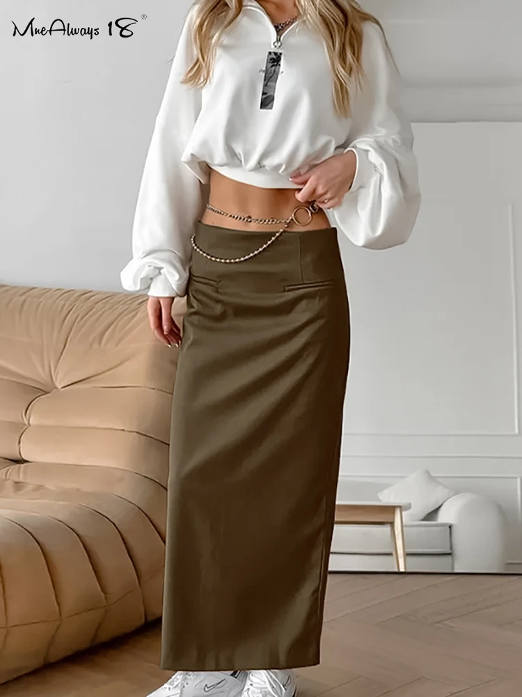 Mnealways18 Vintage Brown Low Waist Midi Skirts Women Pockets Split Ankle-Length Skirts Autumn Office Ladies Solid Elegant Skirt