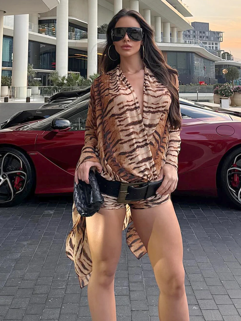 

Street Sle Wild Personali Print V-Ne Long Sve Onesie Женский сексуальный комплект для девочек с высокой талией, брюки из полиэстера