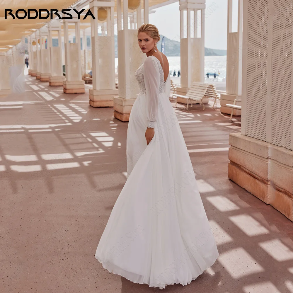 RODRSYA Chiffon Vestidos de Noiva Vintage Puff Sleeves Double V-Neck Vestidos de Noiva ARODDRSYA Chiffon Vestidos De Casamento Vintage Puff Mangas Duplo V-Neck Noiva Vestidos Applique Side Split A-Line Vestido De Novia