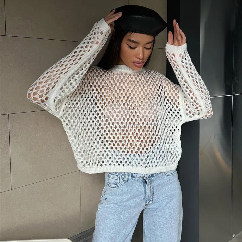 BoozRey 2022 Autumn Y2K Crop Top Women Elegant Fashion Long Sleeve O-Neck Hollow Out T-shirt Streetwear Loose Knitted Sweater