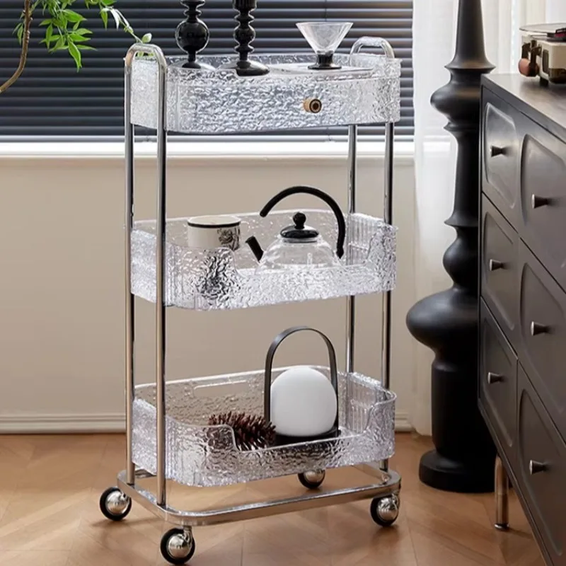 Clear Acrylic Rolling Utility Cart, Luxury 3-Tier Storage Trolley with Lockable Wheels, Transparent Mobile Shelf on Casters
