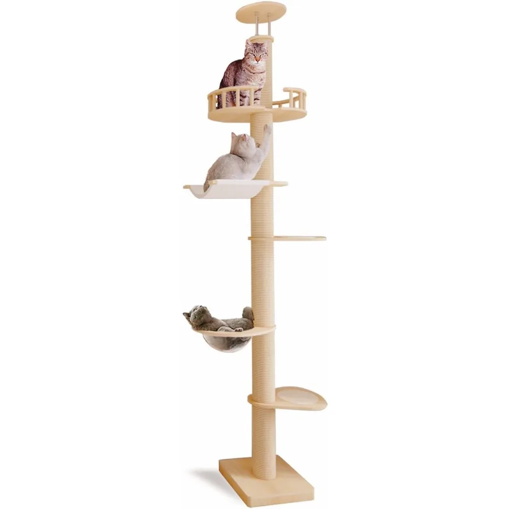 

Tall Cat Tower Floor to Ceiling Cat Tree with Natural Sisal Rope Scratching Post/Pedal/Hammock/Bubble Cat Bed,Height 82-117 inch