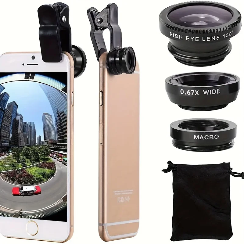 3in1 Universal Fisheye Camera Lens Kit Smartphone Wide Angle Macro Lenses Magnifying Glass Clip-On Mobile Photography Accessor