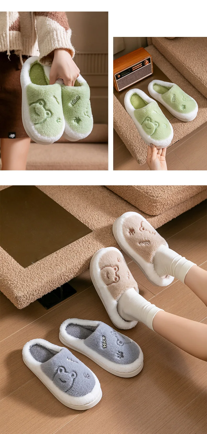 Winter-Plüsch-Hausschuhe für Damen und Herren – Hausschuhe mit dicker Sohle und rutschfester Unterseite, gemütliche, mit Fleece gefütterte Innenrutschen für zu Hause – Detail 13