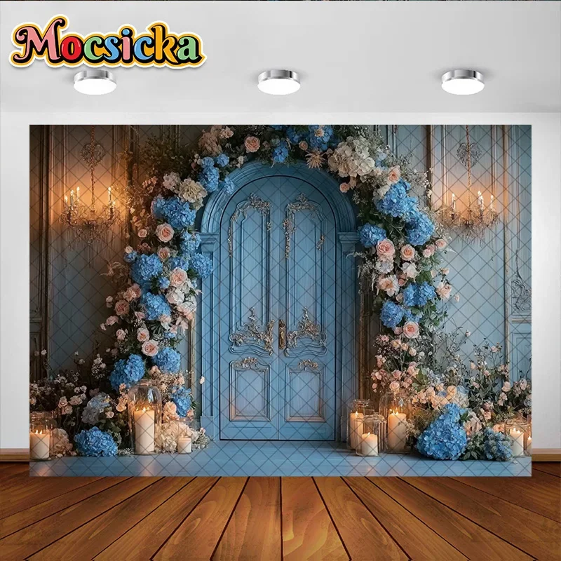 Mocsicka التصوير خلفية الأزهار قوس باب خشبي الديكور خلفية كعكة سحق استحمام الطفل صورة استوديو الدعامة راية