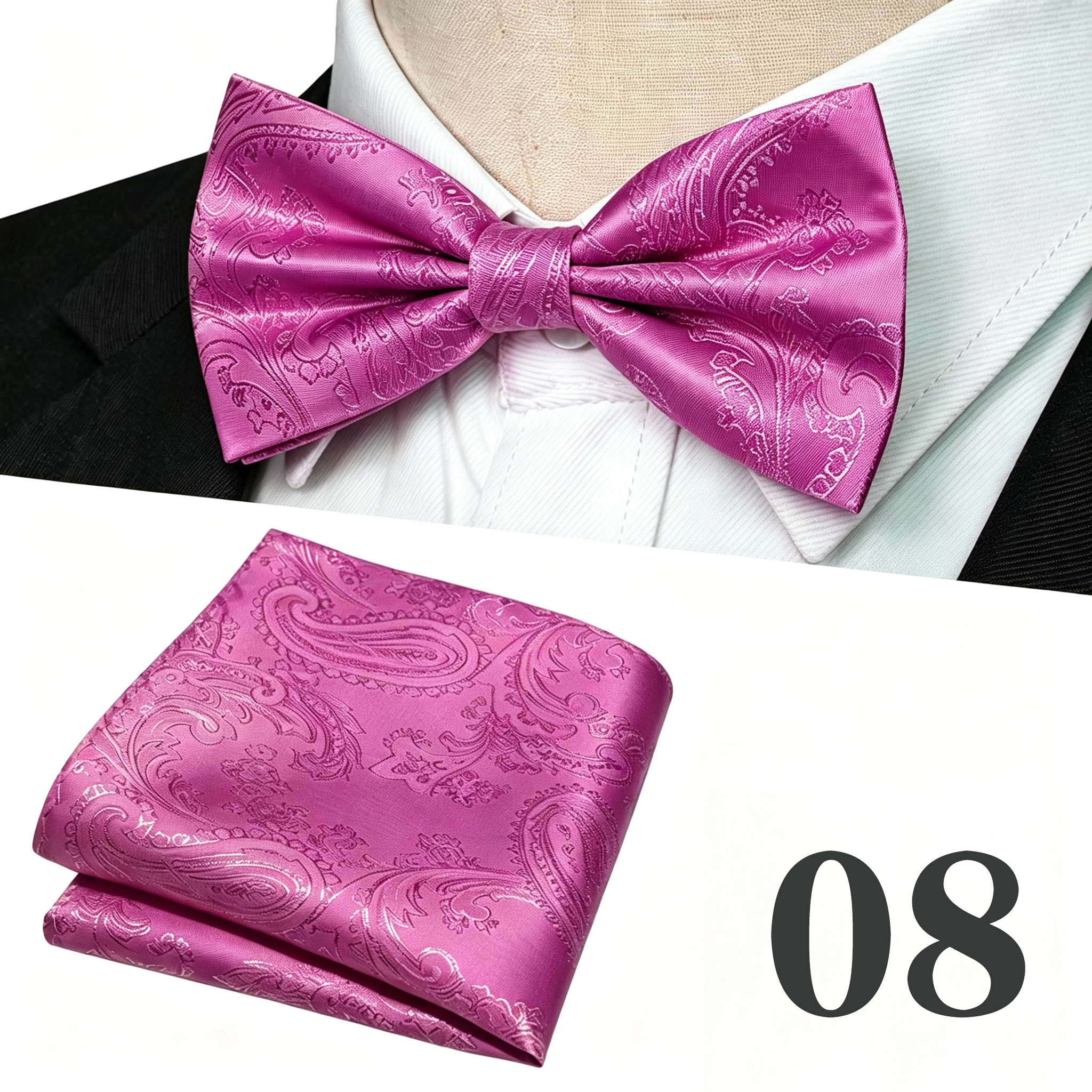 Luxuriöses Paisley-Muster Seidenfliege und passendes Einstecktuch-Set für Herren – Elegantes formelles Accessoire für Hochzeiten und Galas – Detail 15