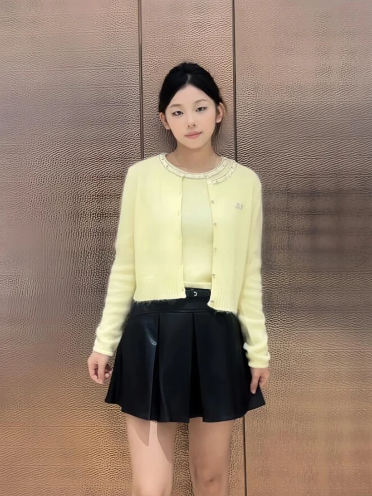 

Милый корейский круглый вязаный кардиган Ne, женский базовый жилет, украшенный бриллиантами, весеннее новое поступление, модный ветер для поездок на работу