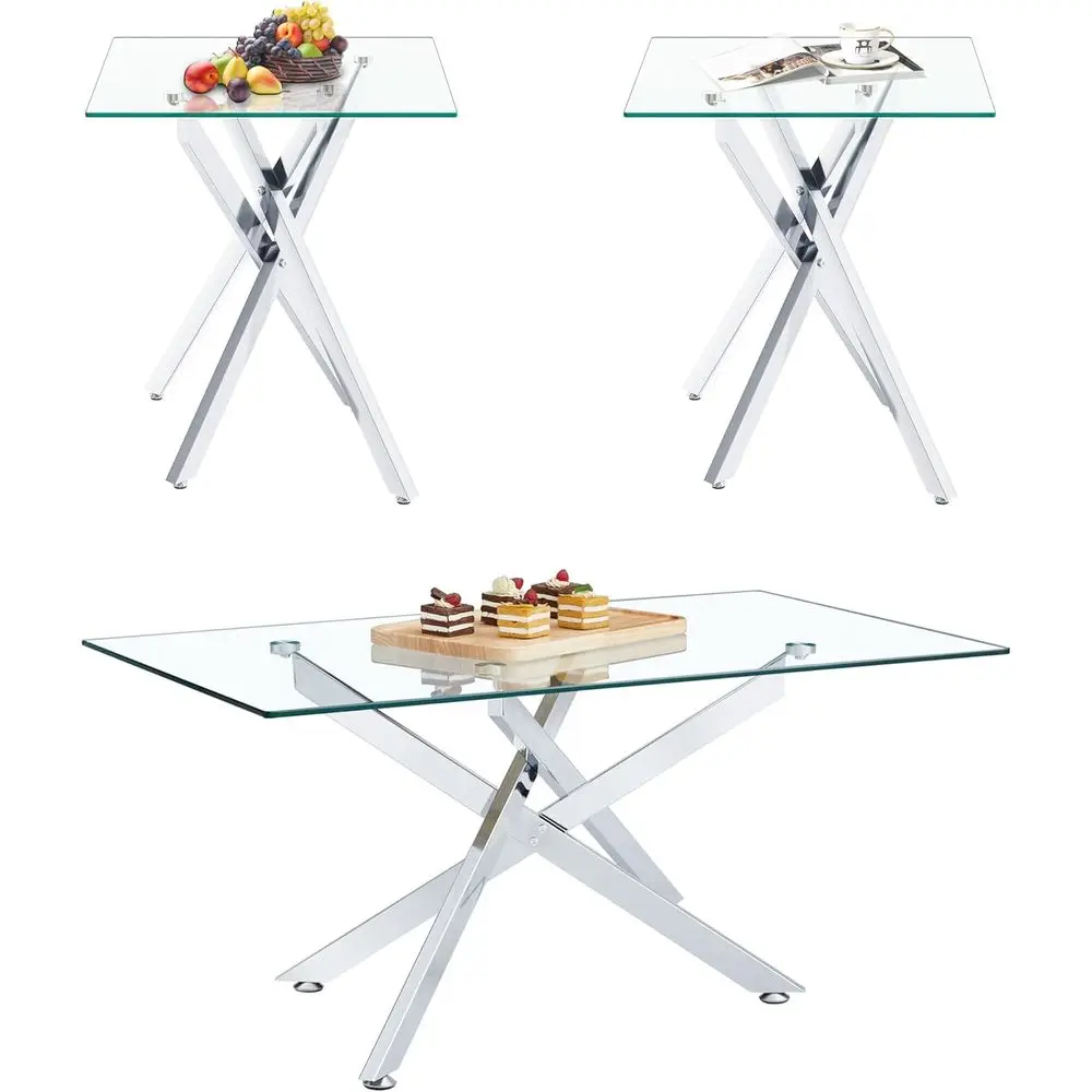 

Silver Glass Coee Table Set o 3 ern End Table Living Room Side Table, Geometric Metal Legs 39.4 Inch Clear RecCenter Cocktail Ta