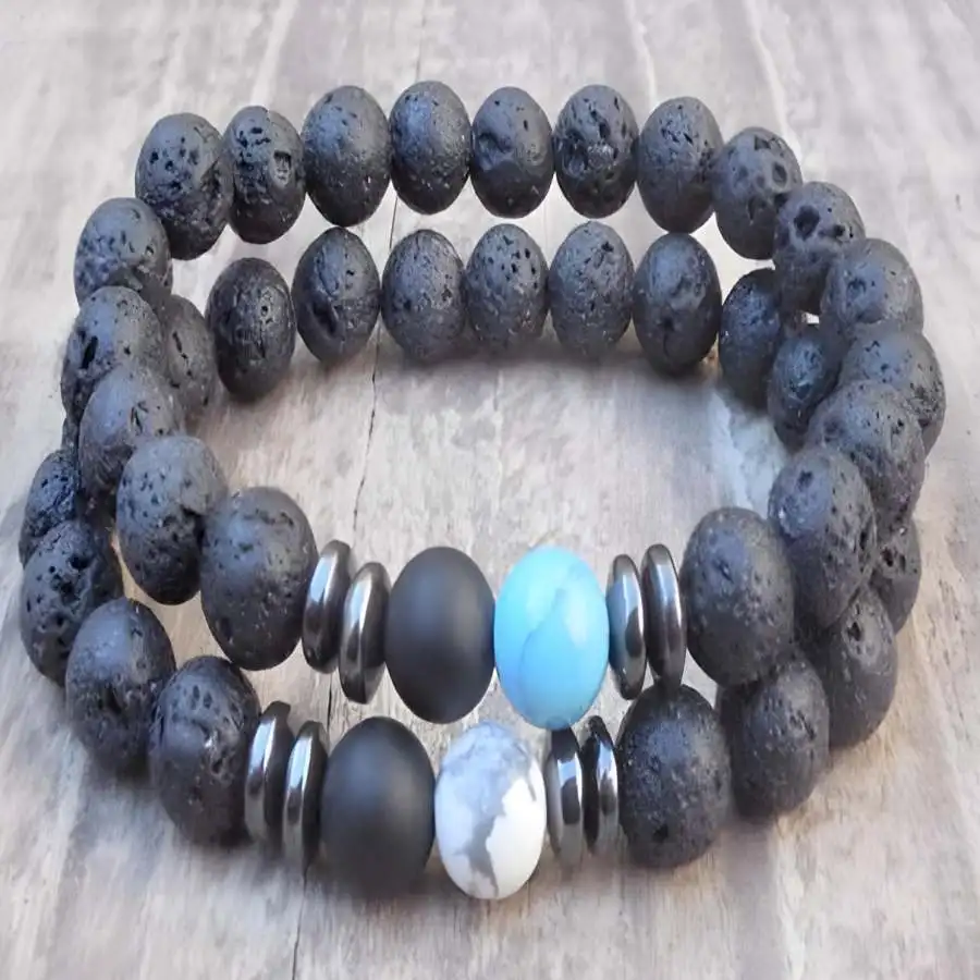 

2pcs 8mm volcanic stone turquoise white turquoise bracelet Stone Mala Zen Buddha Men's Bead tassel Gemstone Bodhi Sacred
