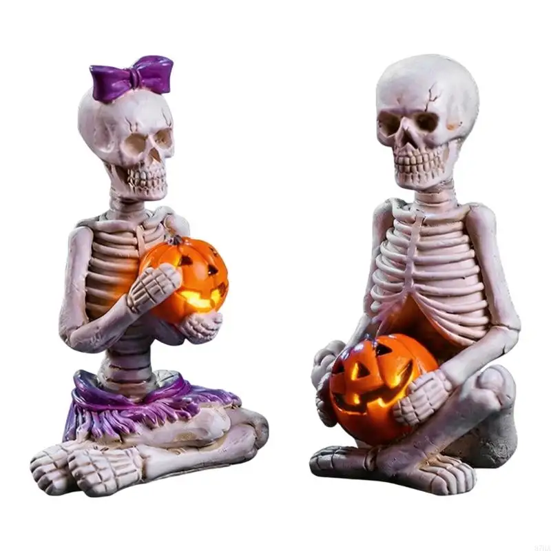 Pack of 2 Skeleton Couple Resin Figurine With Light Up Pumpkin Skull Statue Ornaments For Halloween Home Desktop Decors 87HA