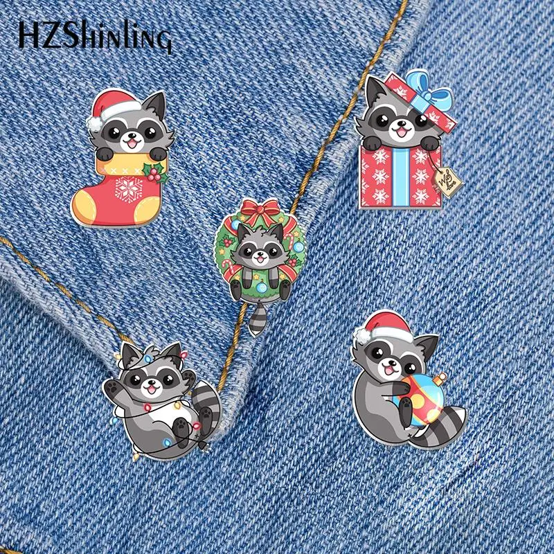 2023 New Merry Christmas Raccoon Acrylic Lapel Pin Cute Animal Epoxy Butterfly Clasp Pin Handmade Butterfly Brooch