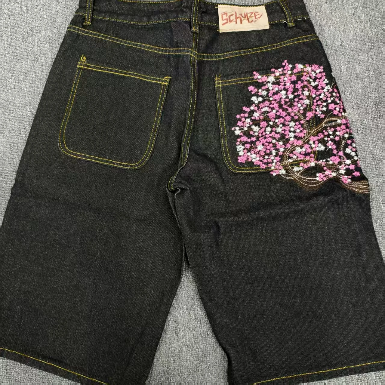 

Sakura Pocket Embroidery Fashion Casual Men and Women Washing Jeans Retro Hip Hop oversize Vintage Loose Wide-leg Shorts