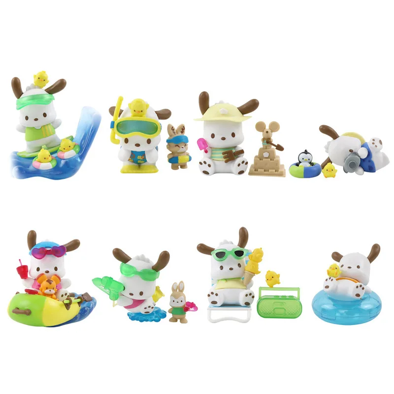 Sanrio Pochacco Holiday Beach Series Actionfigur Garage Kit Schöne Welpenpuppe Desktop Ornament Geschenk Weihnachtsgeschenk Kinderspielzeug