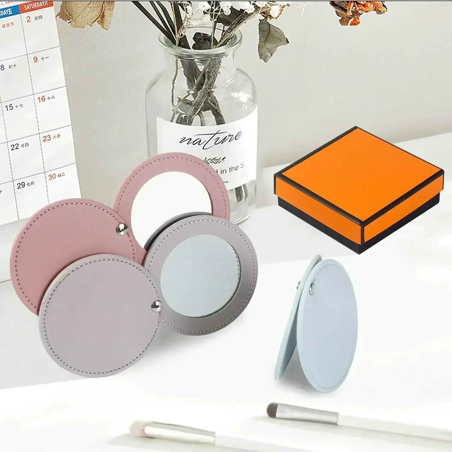 Compact Mirrors Unbreakable Stainless Steel Mirror With PU Leather Sleeve Mini Portable Makeup Mirror For Purse Pocket Travel