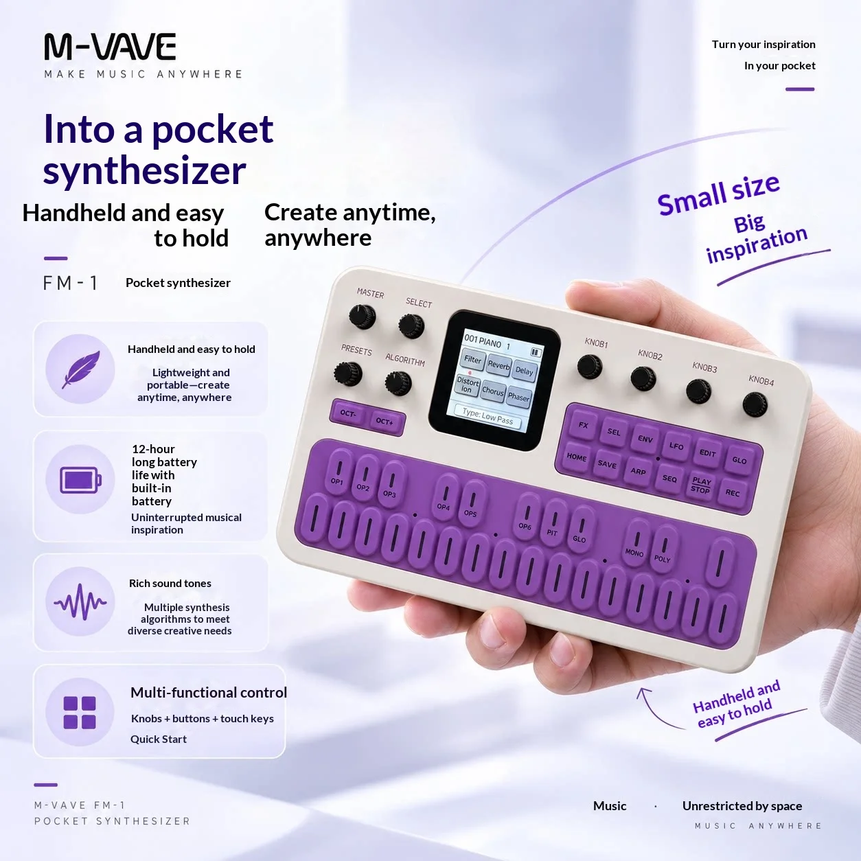 Hot M-Vave Fm-1 Fm Synthesizer Handheld Portable Sound Source 128 Preset Built-In Speaker Rechargeable Battery Music Keyboard cu