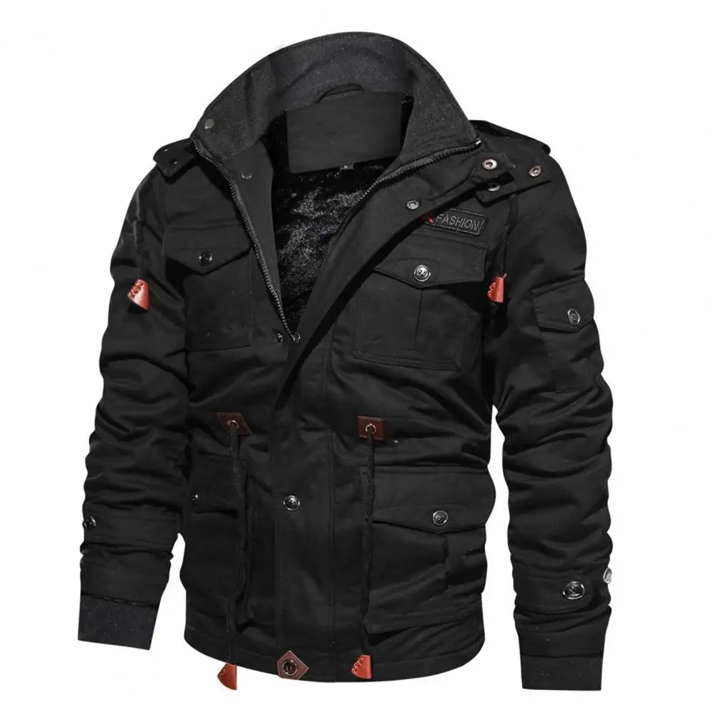 Cozy  Simple Windproof Zipper Hoodie Winter Men Jacket Plush Lining   for Sports