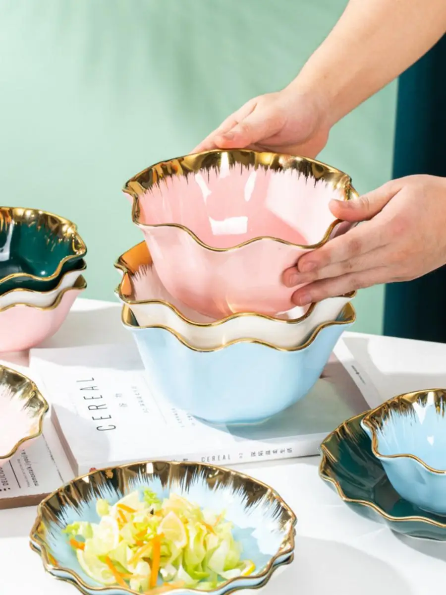 

Nordic Luxury Gold Rimmed Dining Utensils Creative Vegetable Salad Bowl Fruit Plate Home Popular Thousand Fruit Basin Dessert
