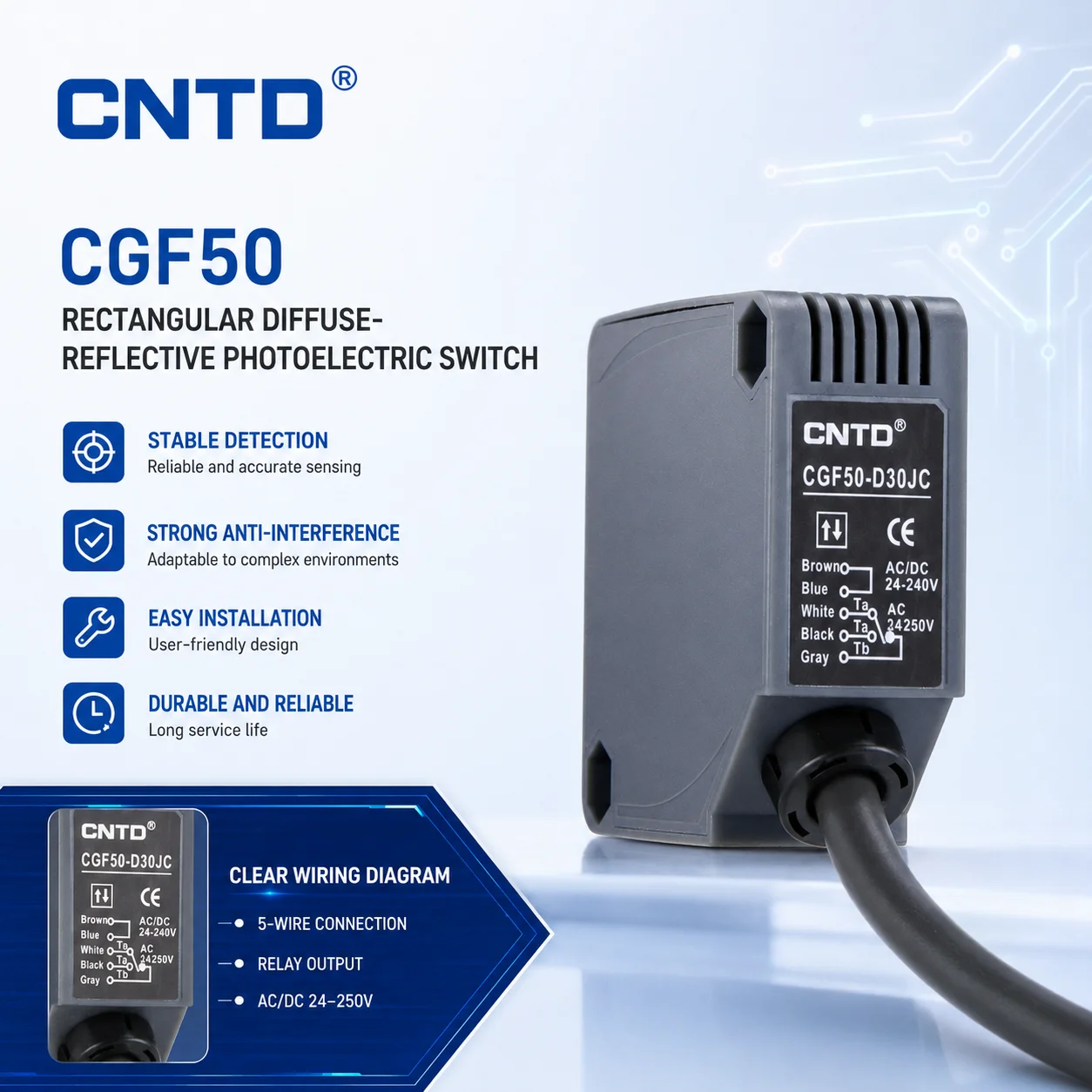 CNTD Square Diffuse‑reflection Photoelectric switch CGF50‑D30JC, M50, NO+NC, 24V Sensor Sensing Distance 30cm