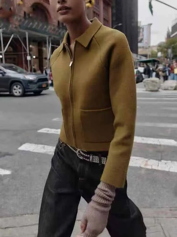 

New European and American style women's fashionable and simple lapel zippered versatile casual knitted cardigan jacket