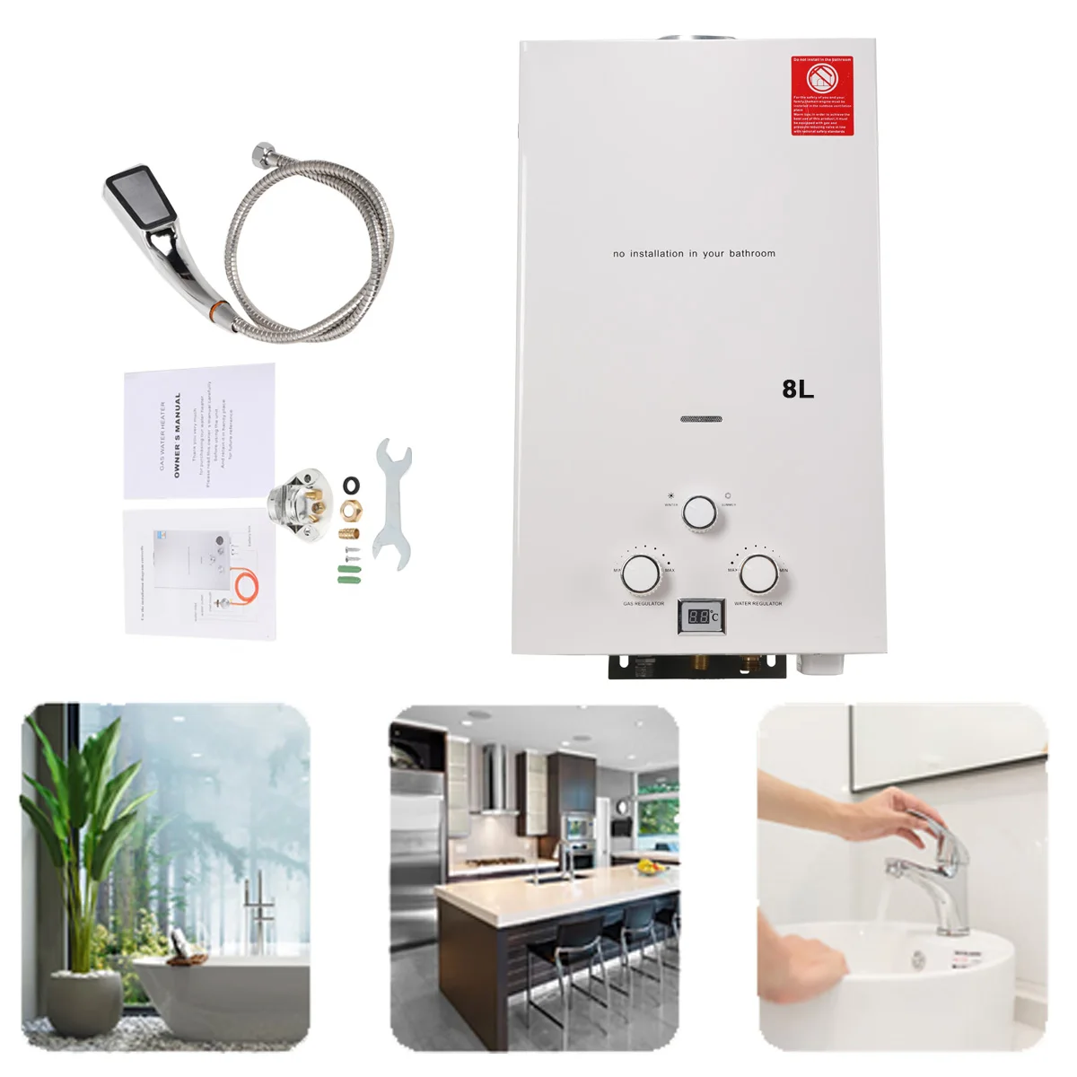 8L/min LPG Propane Gas Water Heater 16KW Tankless Instant Hot Water Heater Boiler With Shower Head Kit For Outdoor Camping