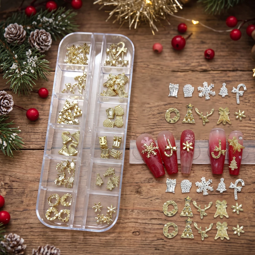 Nail Art Xmas Tree - 1 doos 3D kerstnageldecoraties, goud, zilver,