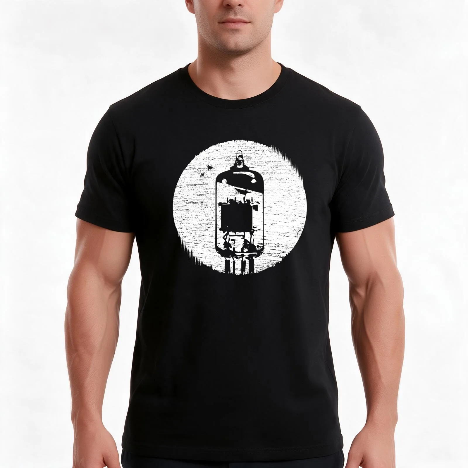 Distressed Effect Retro Vacuum Tube T-Shirt, Summer Casual Cotton Tee, Oversized Streetwear Tops, Vintage Graphic Print
