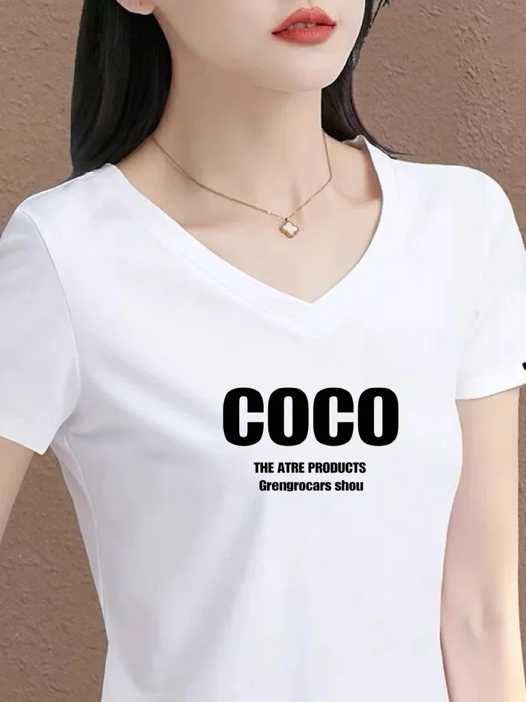 

Белая женская футболка с V-образным вырезом и короткими рукавами, с буквенным принтом, повседневная, свободного кроя, в стиле Mom's, модная и удобная