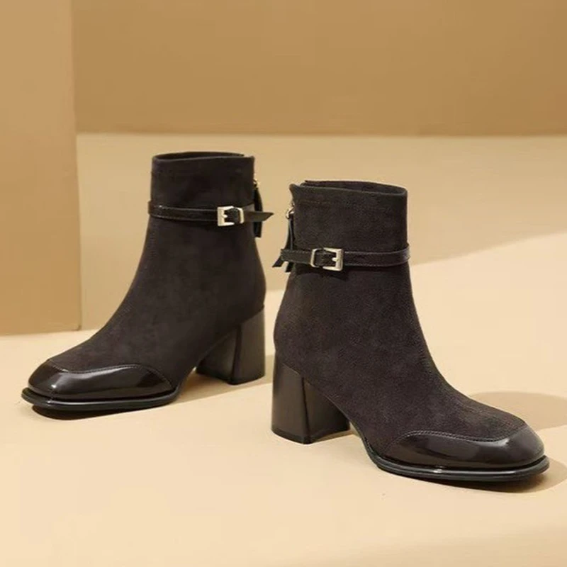 

Женские ботильоны на высоком каблуке, элегантная обувь, зимняя замшевая модная теплая обувь, модельная дизайнерская обувь в стиле ретро, новинка 2025, женские Zapatillas