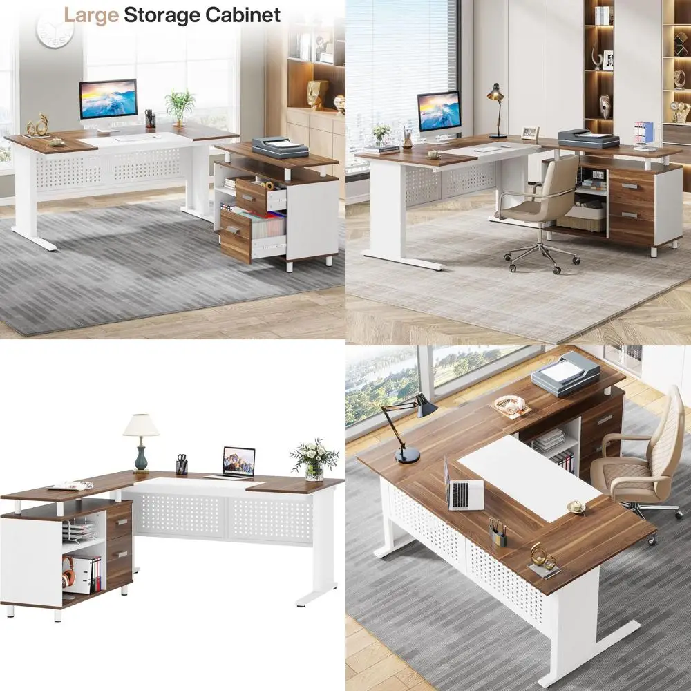

63 Executive L-Shaped Desk with Storage Cabinet, White and Walnut Office Furniture Set for Home or Business