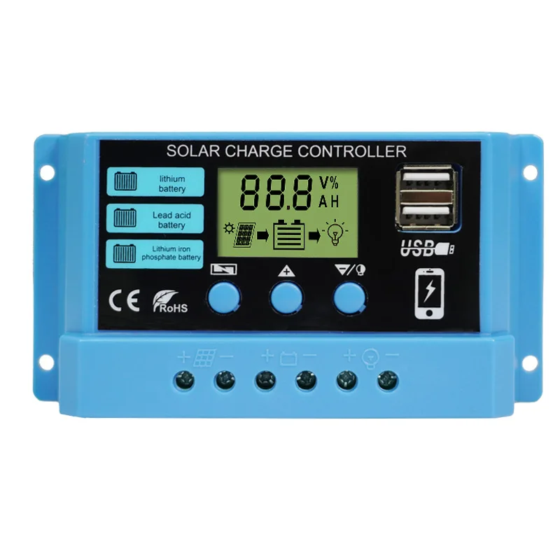 10A 20A 30A Solar Charge Controller 12V 24V PWM Solar Regulator For Lithium Iron Phosphate/Lead Acid/Lithium Battery