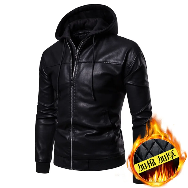 New style cotton padded leather jacket for men's trendy motorcycle jacket with loose cap and thickened men's leather jacket