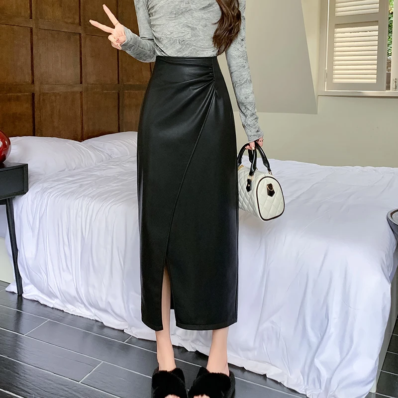 Vintage PU Leather Irregular Midi Skirts Women Autumn Winter High Waist Split Skirts Fashion Sexy Saias Mujer Black Skirt Female