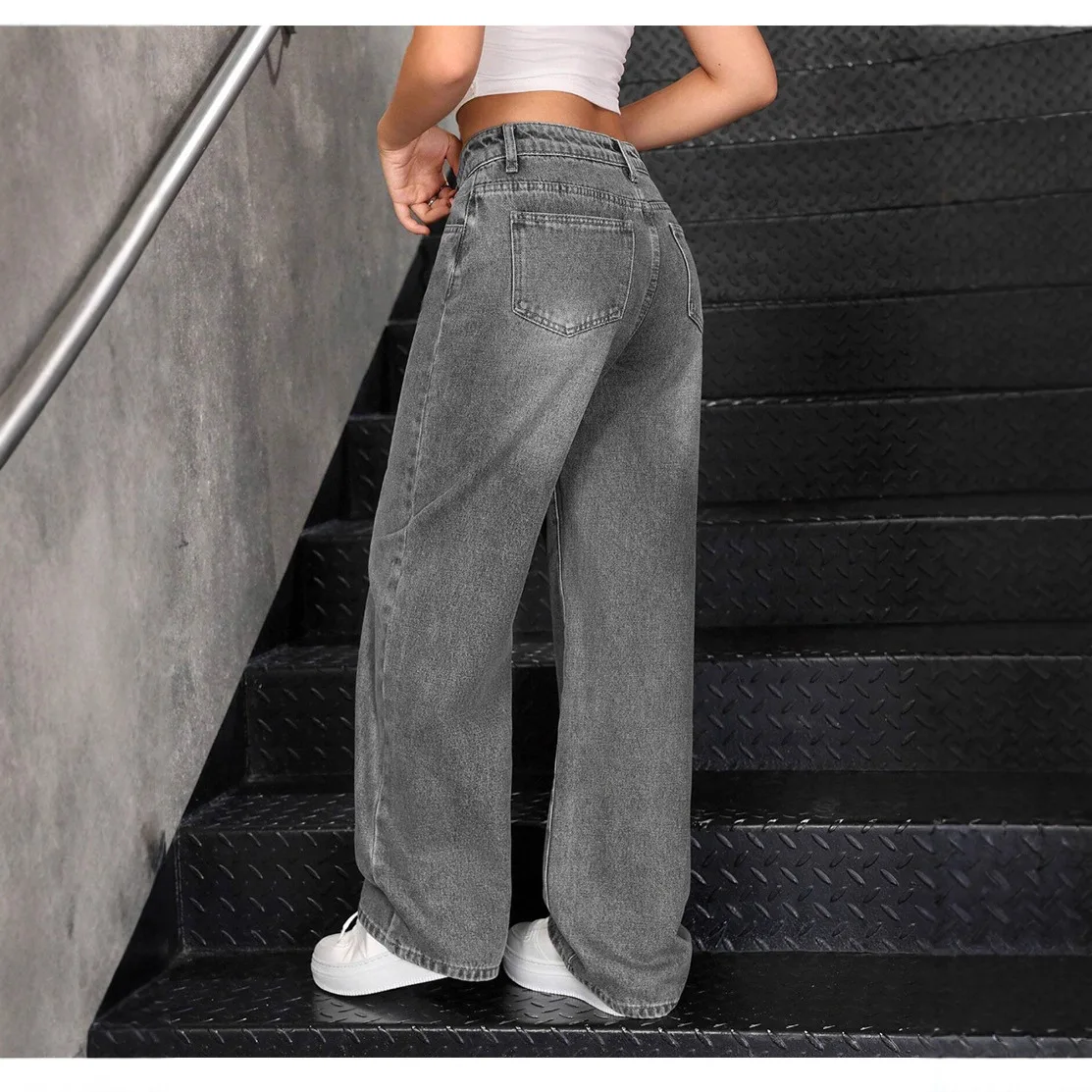 Denim Jeans Women Solid Jean Zipper Fly Empire Waist Full Length Straight Pants Slight Strech Loose Fit Streetwear 2025 Autumn