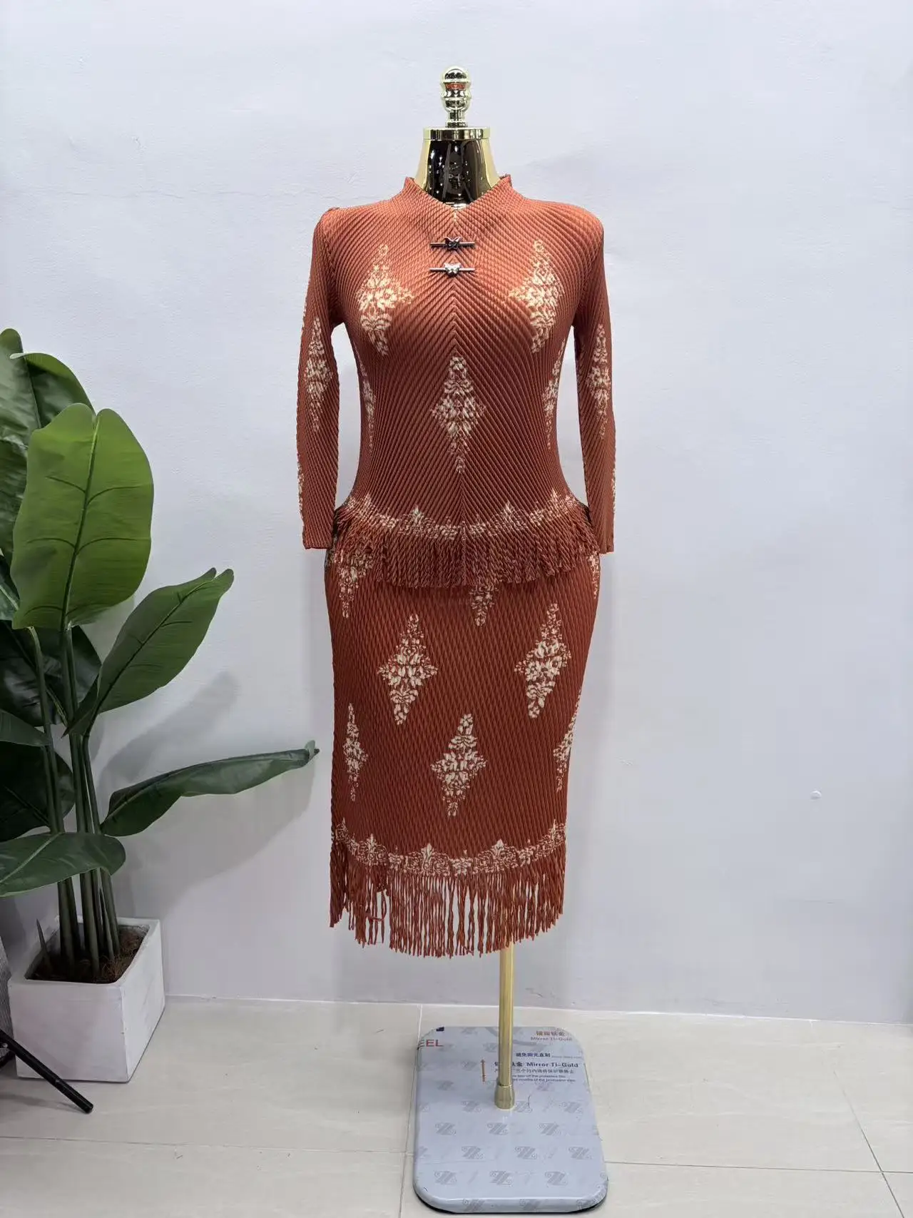 2026 New Summer Bronzing Dragon Scale Pleats African Sanzhai Pleats Printed Flower Printed Top Pleated Skirt Two-piece Set Women