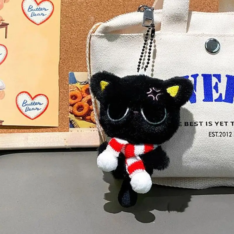 Porte-clés poupée en peluche chat noir, dessin animé, doux, joli sac d'école, pendentif, décoration, cadeaux