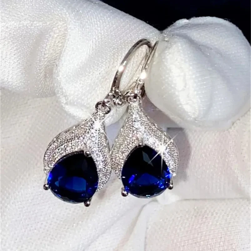 CC Blue Created Sapphire Water Drop Earrings for Women Vintage Jewelry White Gold Plated Dangle Ear Accessories Party CCE020