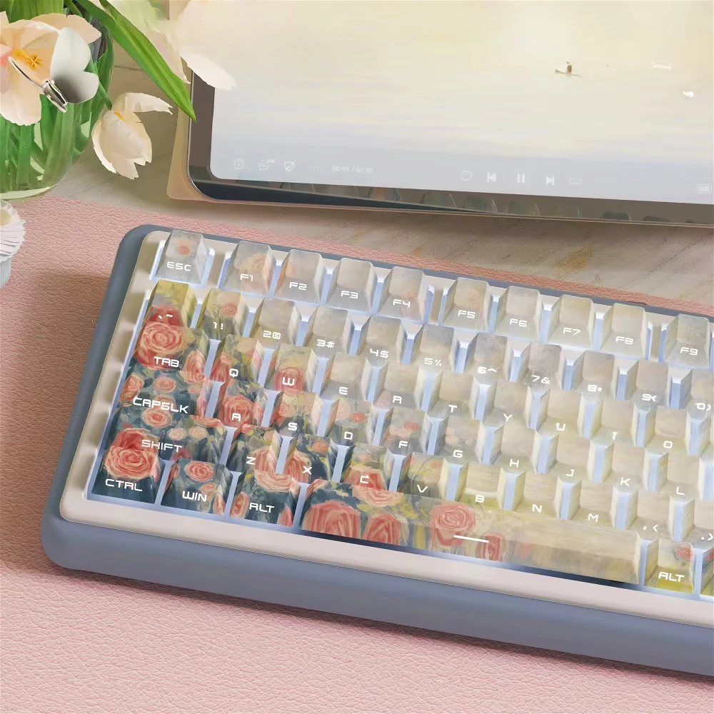 Higurashi No Kagura Keycap Set PBT Side Engraved Translucent Rose Bloom Theme Keycaps for Mechanical Keyboards 61/64/104