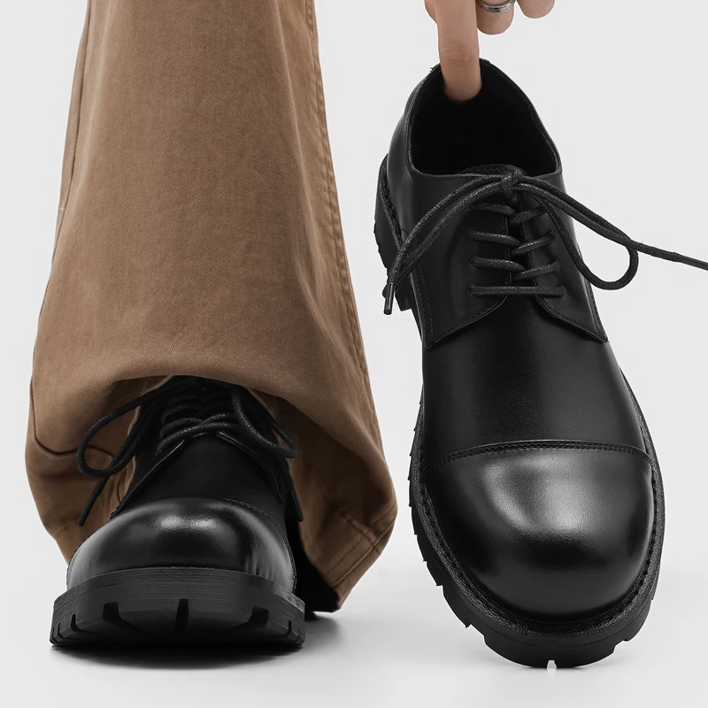 Men Derby Shoes Black Thick-soled Durable High-quality Leather Shoes with Large Sole Suitable Wedding Banquet Occasions Brand