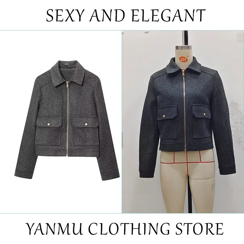 Women's Zipper Jacket Coat New Autumn Retro Tooling Long Sleeve Double Pocket Woolen Top Short Styles Street Elegant Women Coat