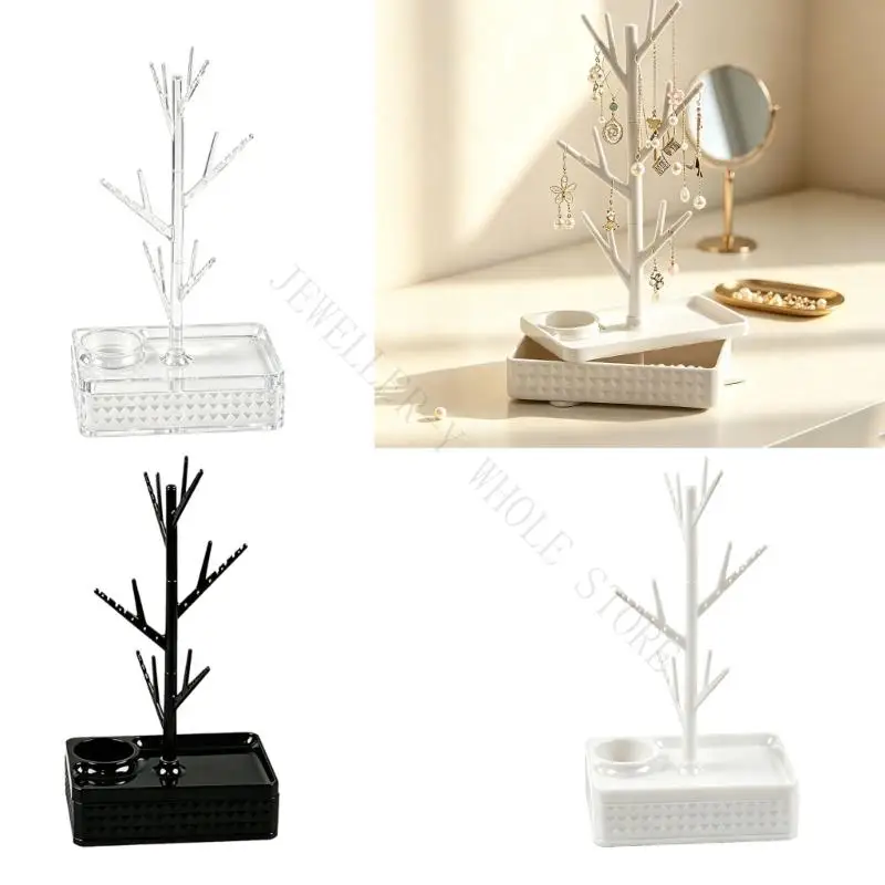 R7UF Jewelry Storage Stand with Rotating Tree Hooks and Tray Storage, Desktop Necklace Earring Holder for Vanity Sorting